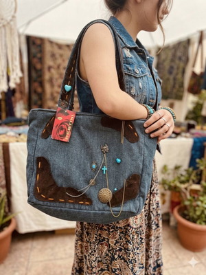 Denim shoulder bag Bestini Paris new with castor and turquoise charms