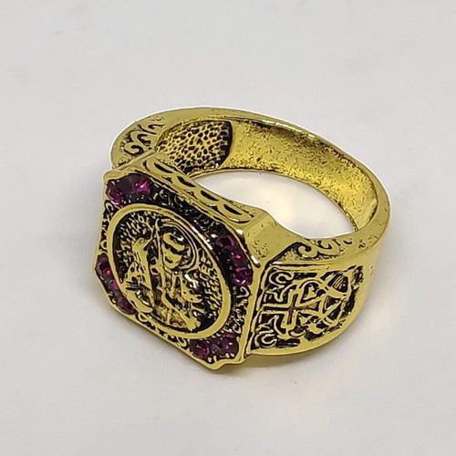 Byzantine men's ring with embossed saint and purple stones like new