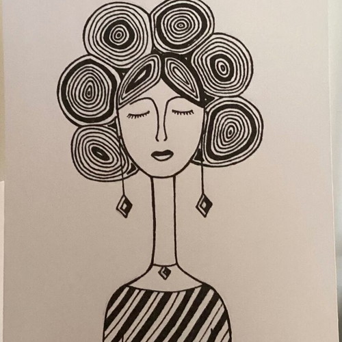 Woman with Curls Original Hand-Drawn Ink Sketch on Acid-Free Watercolor Paper