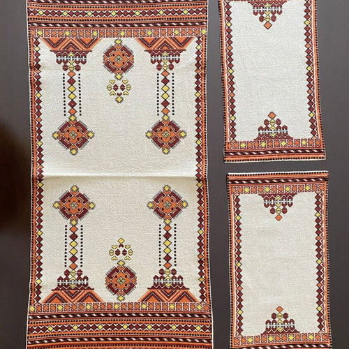 Set of 3 vintage handmade embroidered runners with geometric design