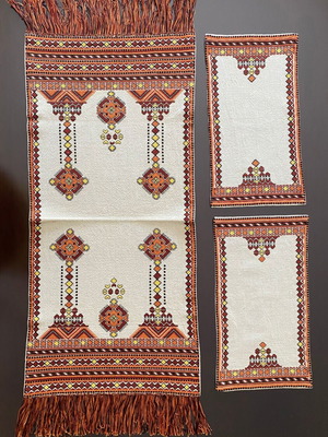 Set of 3 vintage handmade embroidered runners with geometric design