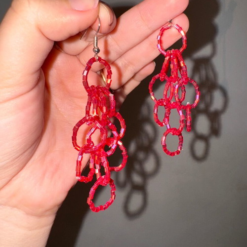 Handmade statement dangle earrings like new with red iridescent beads