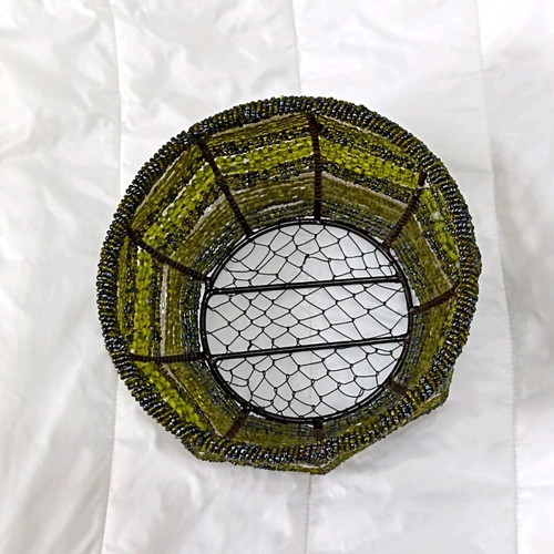 Decorative basket with beads in olive shades, metal frame, like new