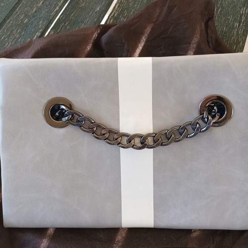 Clutch bag new, white and grey, 34x21 cm with chain