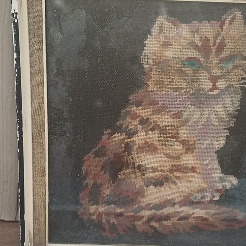Cat vintage handmade embroidered framed art used