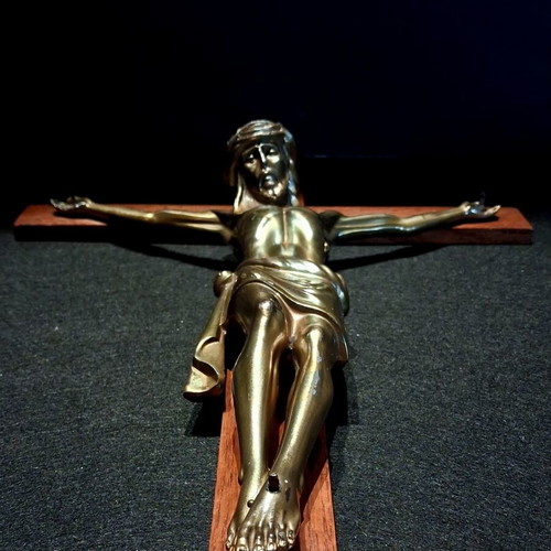 Vintage wall crucifix 60 cm with wooden cross and cast metal body