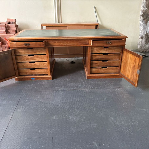 Wooden desk with drawers, nautical style, leather top