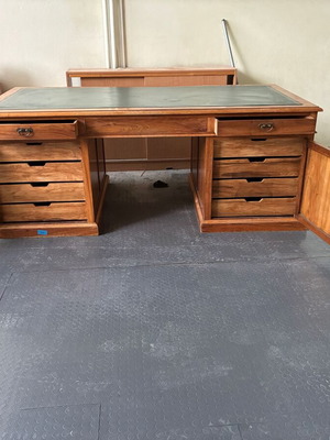 Wooden desk with drawers, nautical style, leather top