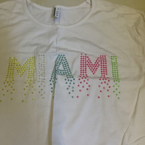 Top with "MIAMI" design and colorful rhinestones like new, medium
