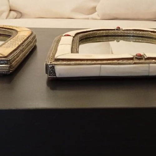 Vintage Moroccan mirror pair used, mid-century camel bone inlay