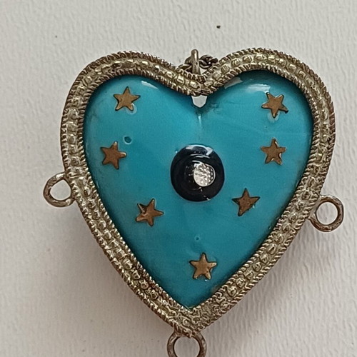 Antique Heart Amulet with Natural Turquoise and Silver, used, rare ex-voto