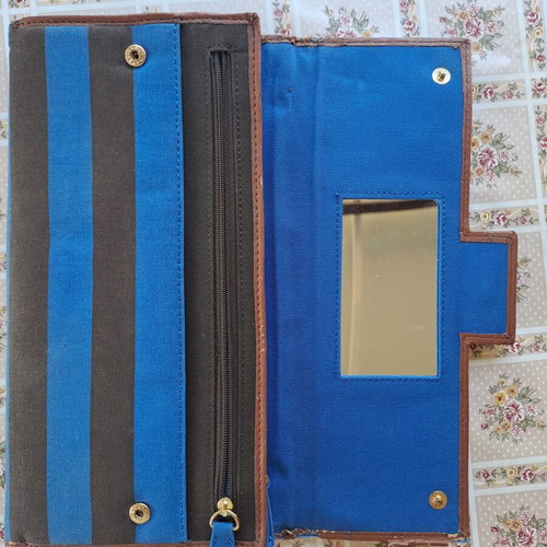 Large striped clutch bag used, blue and brown