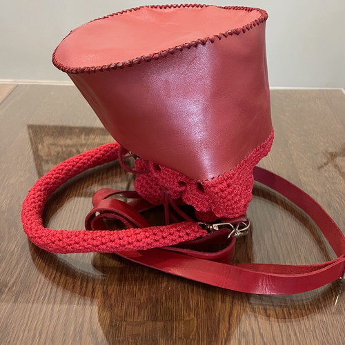 Handmade red leather and knitted pouch shoulder bag