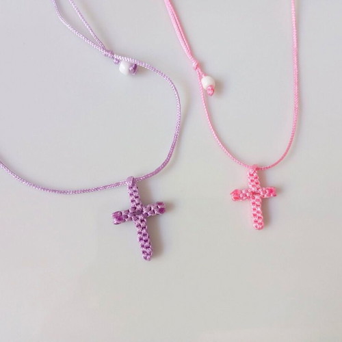 Macrame cross necklace in pink or purple