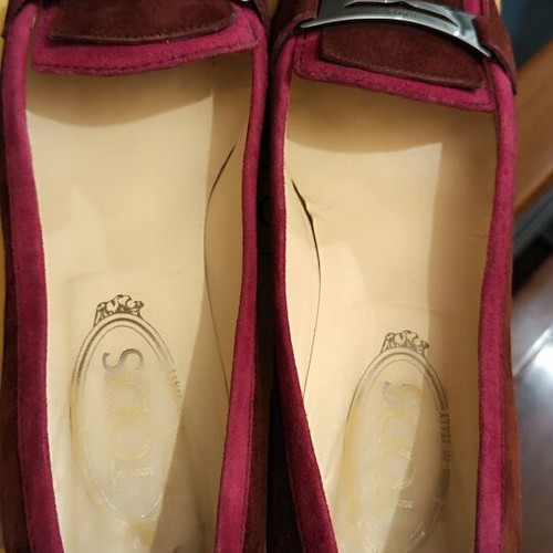 Tod's suede kitten heel loafers, brown and fuchsia, size 39