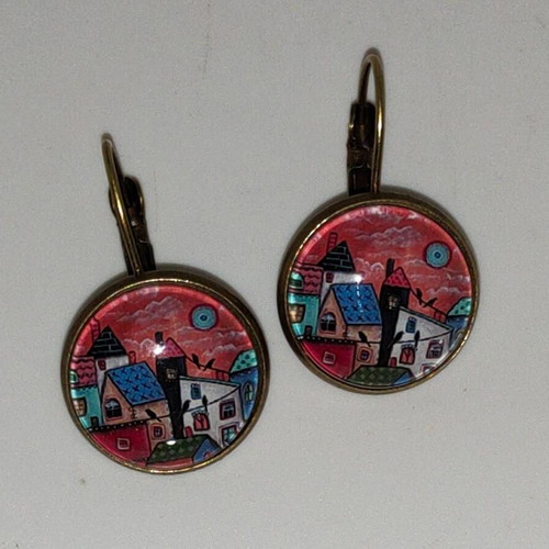 Handmade earrings with painted landscape, like new