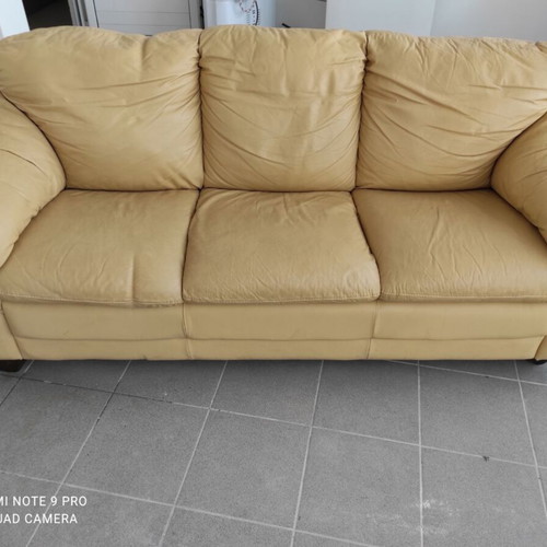 Leather three-seater sofa, light beige