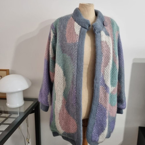 Sergio Di Laurenti vintage 80s/90s μπουφάν ζακέτα μοχέρ oversized, παστέλ γεωμετρικό πλέξιμο, μέγεθος L