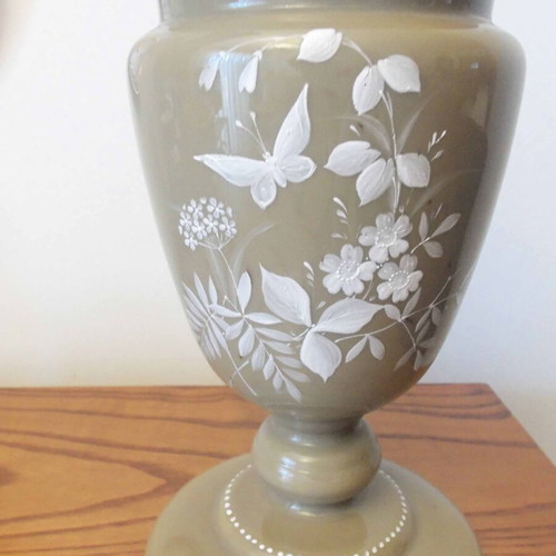 Oil lamp opaline with hand painting, used, 33 cm height
