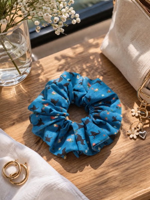 Scrunchie hair tie new blue with black cats and flowers