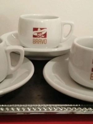 Greek coffee cups with traditional BRAVO logo, set of 6, like new