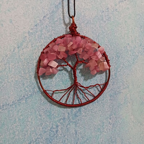 Tree of Life Pendant new with varnished copper wire and pink semi-precious stones