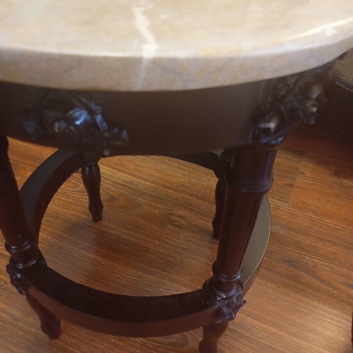 Set of two classic round side tables with marble tops