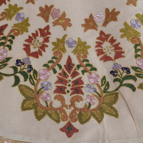 Handmade Vintage Rotonda on Beige Canvas with Embroidered Floral Motifs
