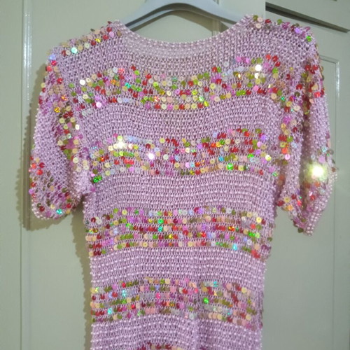 Knitted short-sleeve cardigan with sequins and beads, Small/Medium