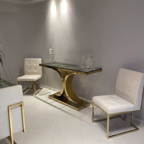 Elegant custom-made dining room set with glass table and 8 chairs