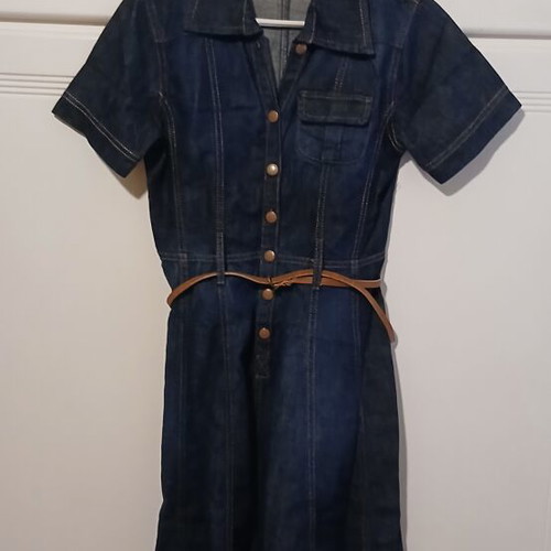 Denim dress ALE elastic midi with brown leather belt size S like new