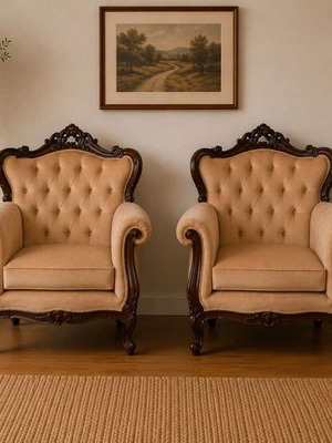 Louis XV armchairs like new, solid carved wood and velvet, set of two