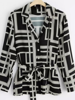 Lindex shirt with tie-belt like new, black and white geometric pattern