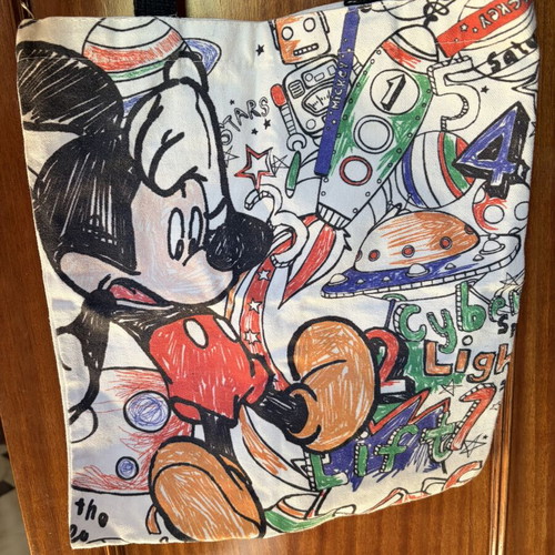 Fabric shoulder bag used with Mickey design, white