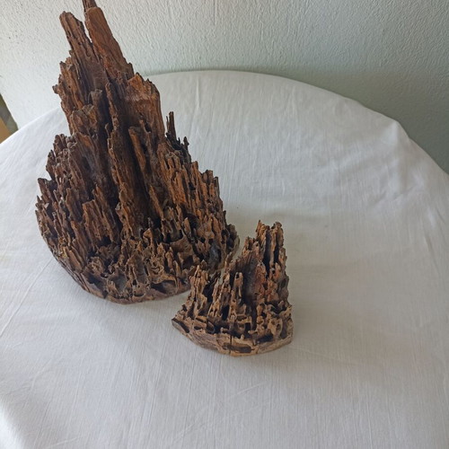 Carved wood pieces used with natural wear, set of 2