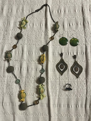 Maximalism jewelry set, green and yellow