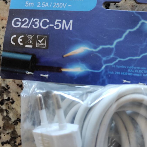 Extension cords with bipolar plug, new, 3m and 5m white cables