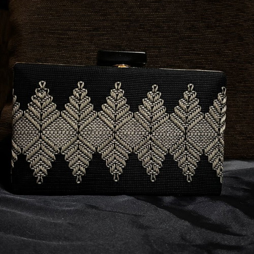 Handmade clutch bag with removable gold chain, black and beige
