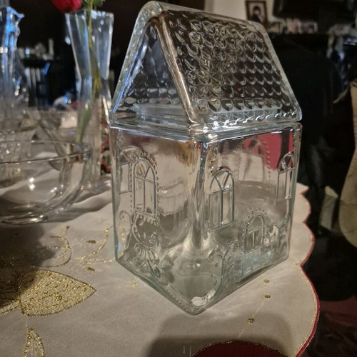 Glass embossed cookie jar new with lid