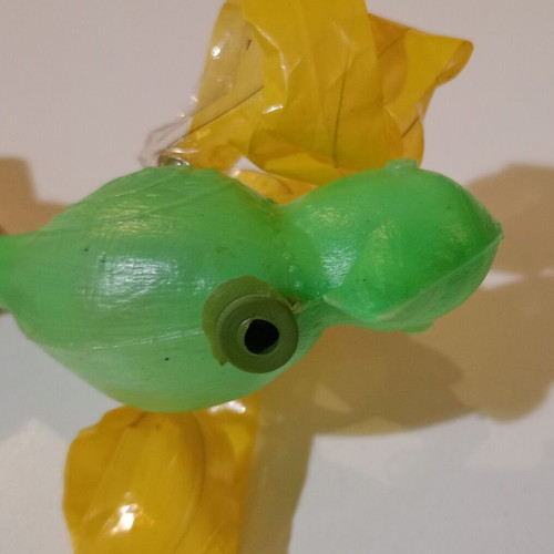 Plastic bird-shaped whistle used, green color