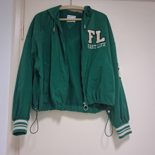 Bershka Bomber Jacket with Hood used, size M, green