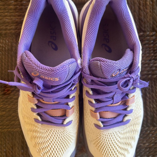 Asics Gel-Game 8 women's tennis shoes, size 39.5, white with purple and salmon
