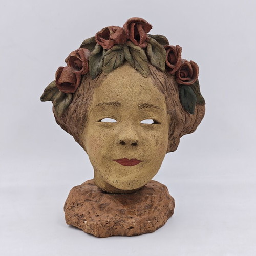 Ceramic mask on stone base by Popi Lydaki used