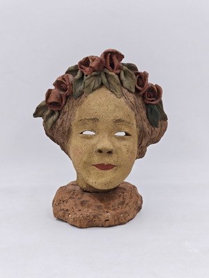 Ceramic mask on stone base by Popi Lydaki used