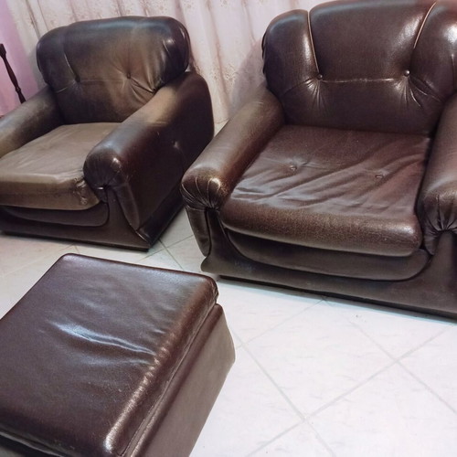Armchairs and low seats set used, 2 armchairs and 2 stools with cushions