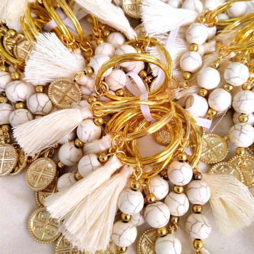 Handmade baptism keychains with haolite semi-precious stones and tassel made to order