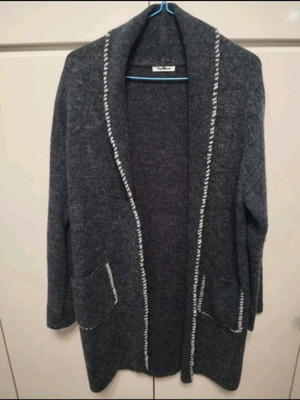 Papillonne long knitted cardigan new gray with white trim
