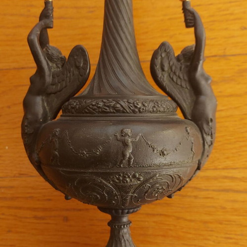 Ancient Greek hydria Empire style used with granite base and winged torchbearers