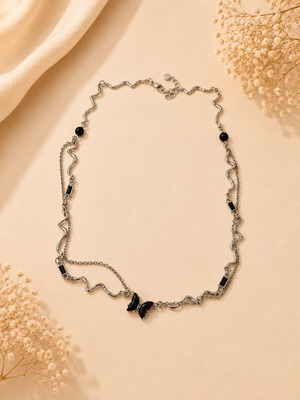 Layered silver necklace with black butterflies Y2K wave design new
