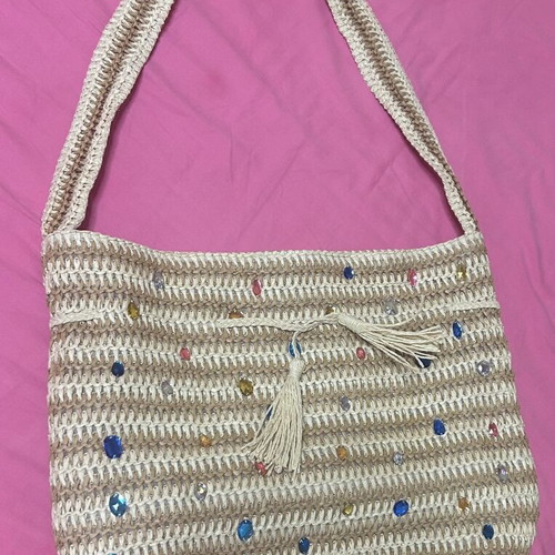 Calzedonia beige straw shoulder bag with multicolored stones